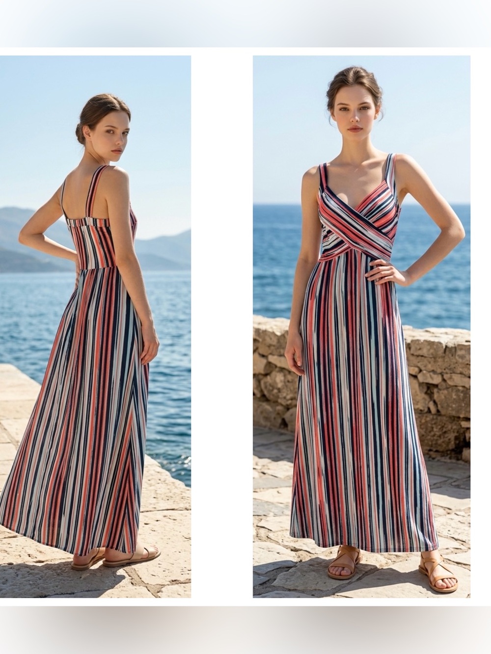 Bethany Women’s Sz M Striped Summer lined Maxi Dress Navy,Red,White side zip